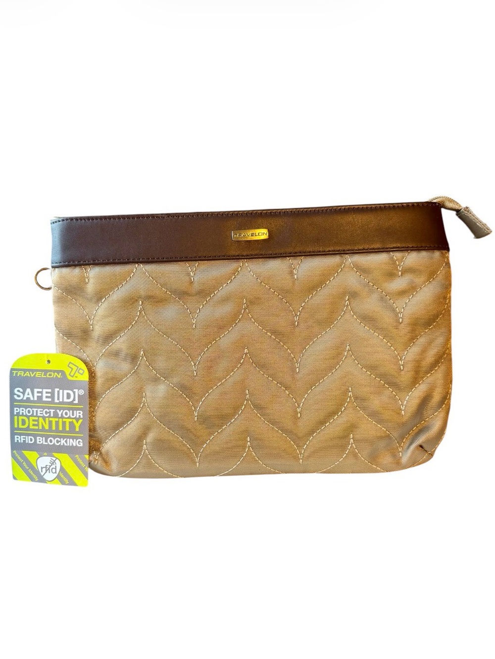 NWT Travelon RFID Blocking Quilted Chevron Wristlet/Pouch Tan Brown 11”x8”